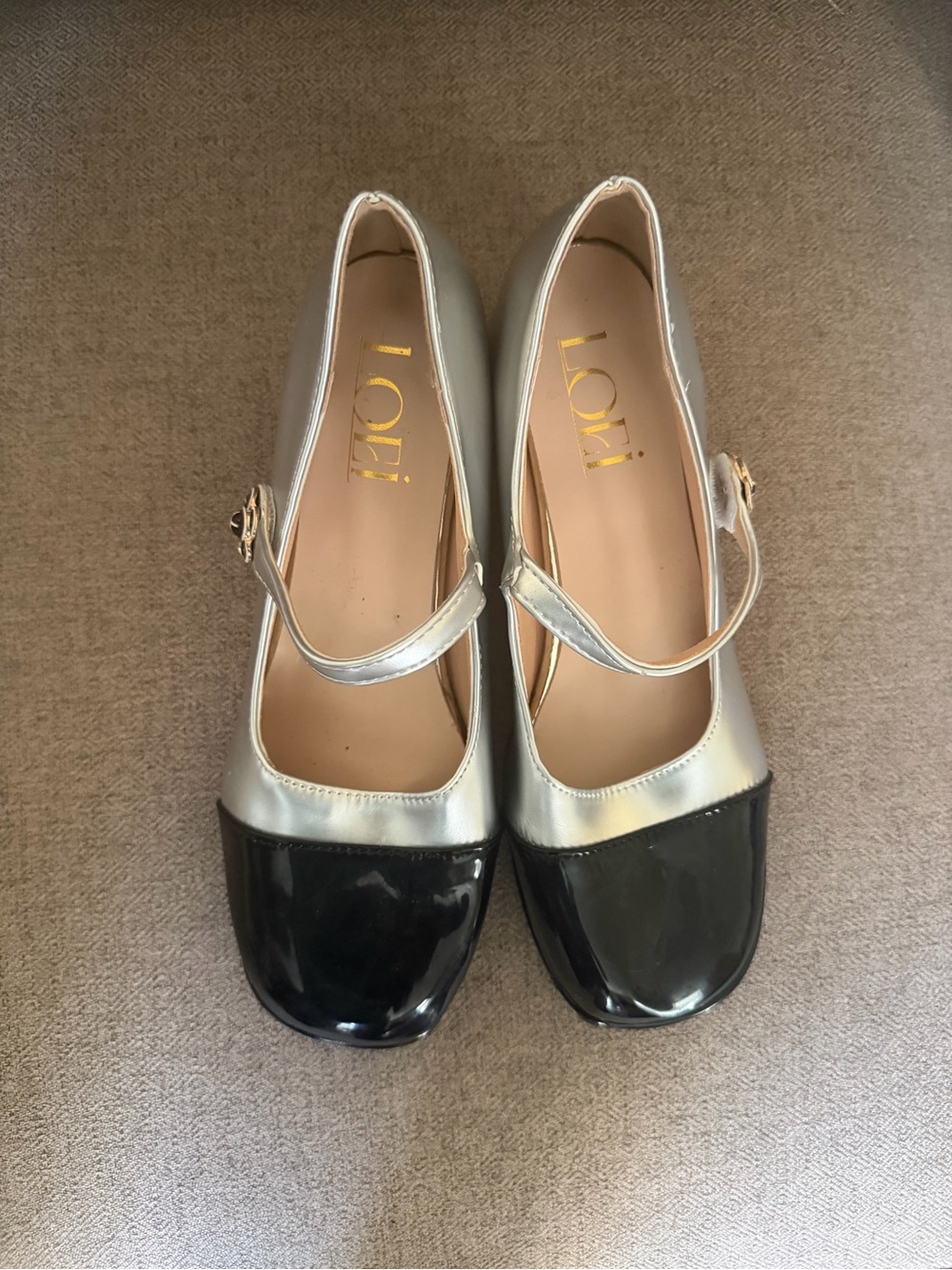LOF Two-Tone Silver and Black Mary Jane Flats